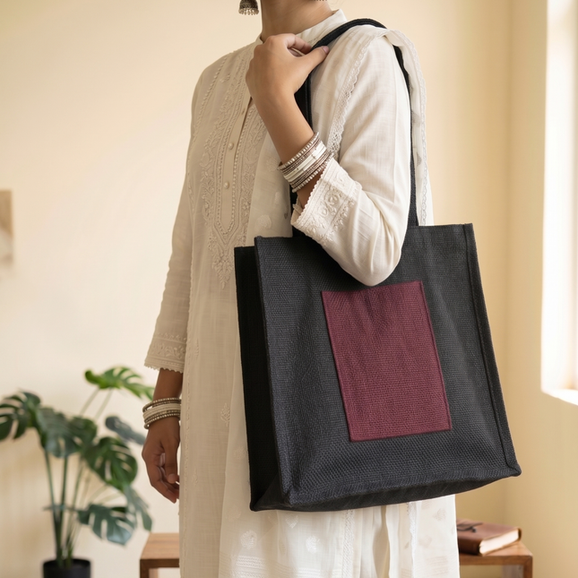 Unisex Black Jute Fabric Structured Tote Bag with Front Pocket
