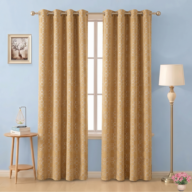Mustard gold colour circular pattern velvet flock readymade curtain