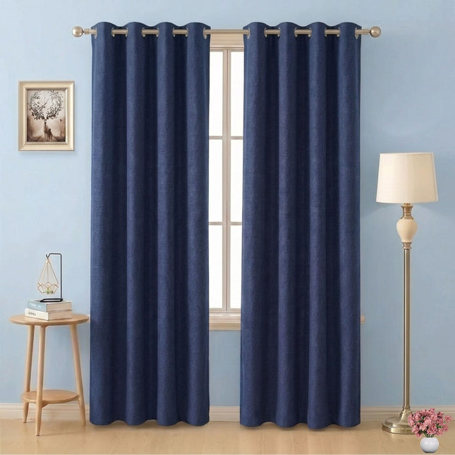 Prussian Blue Colour Textured Velvet Flock Readymade Curtain
