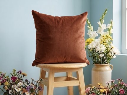 Cinnamon Brown Colour Plain Velvet Flock Readymade cushion cover