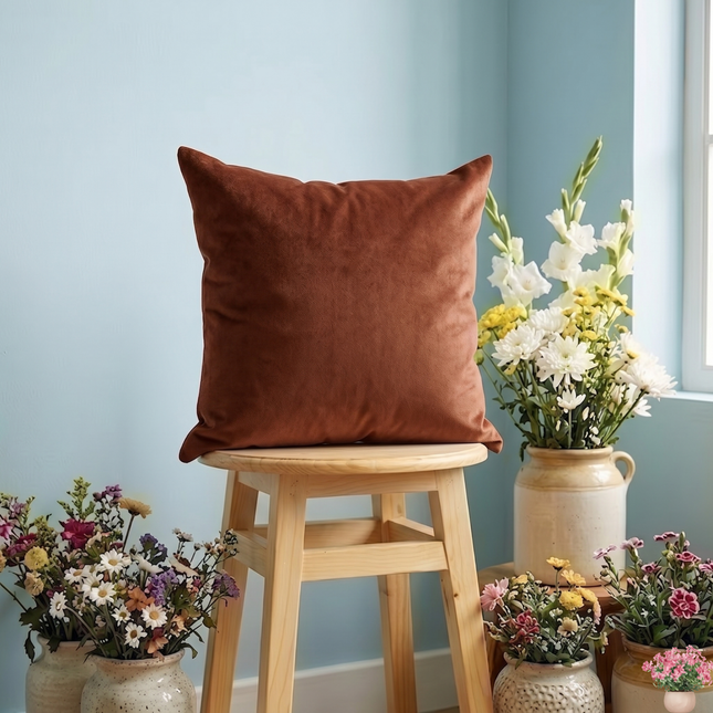 Cinnamon Brown Colour Plain Velvet Flock Readymade cushion cover