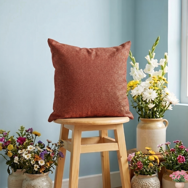 Rust red colour textured pattern velvet flock readymade cushion cover