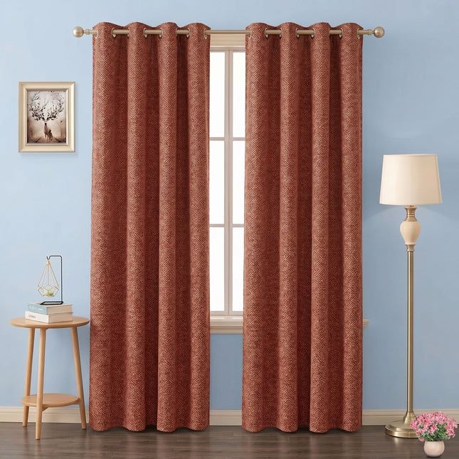 Rust red colour textured pattern velvet flock readymade curtain
