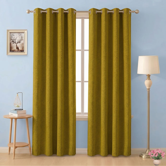 Mustard green colour textured pattern velvet flock readymade curtain