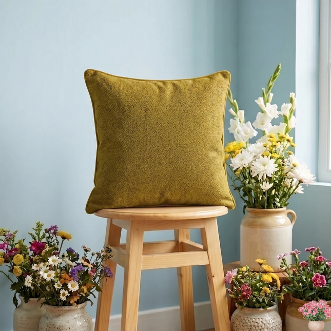 Mustard green colour textured pattern velvet flock readymade cushion cover
