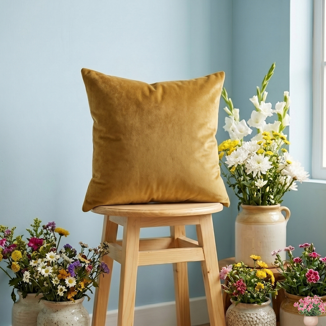 Dark Yellow Colour Plain Velvet Flock Readymade cushion cover