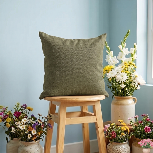 Olive green colour textured pattern velvet flock readymade cushion cover