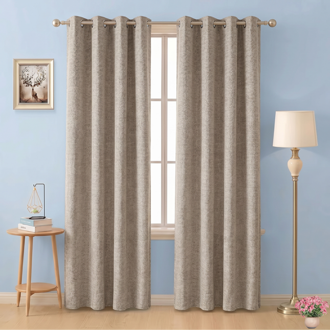 Beige colour textured weave pattern velvet flock readymade curtain