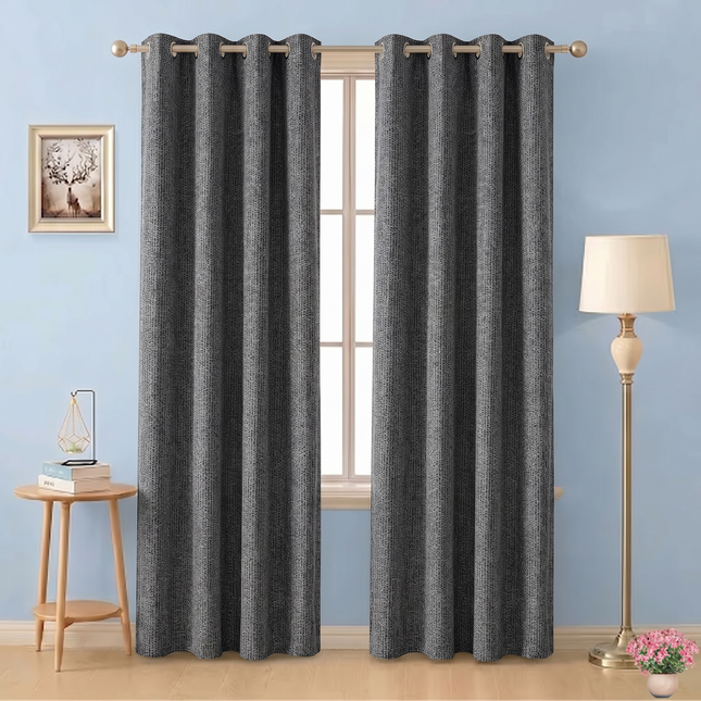 Black colour textured weave pattern velvet flock readymade curtain