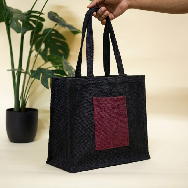 Unisex Black Jute Fabric Structured Tote Bag with Front Pocket