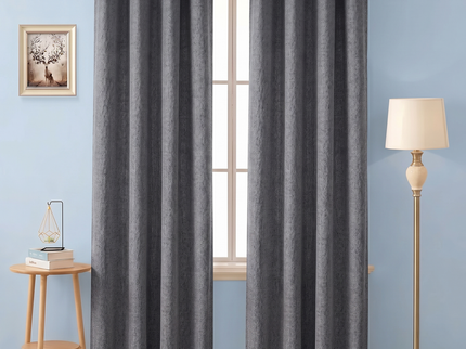 Dark charcoal colour textured weave pattern velvet flock readymade curtain