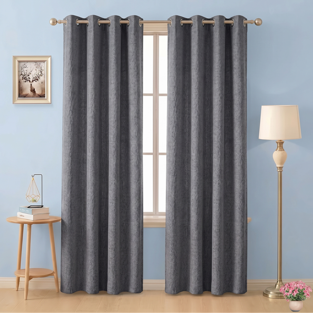 Dark charcoal colour textured weave pattern velvet flock readymade curtain