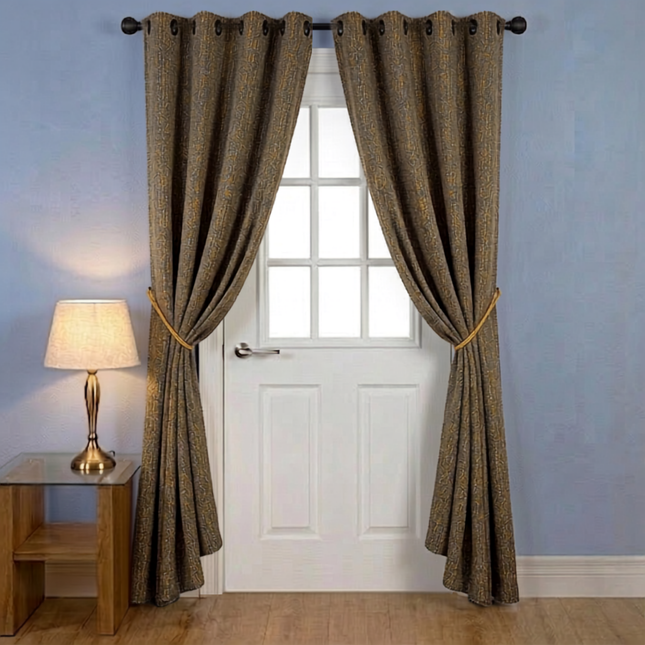 Mustard colour textured weave pattern velvet flock readymade curtain (Dual side)