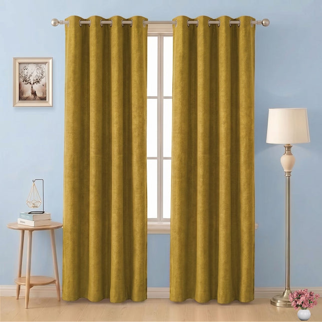 Greenish Yellow Colour Textured Velvet Flock Readymade Curtain