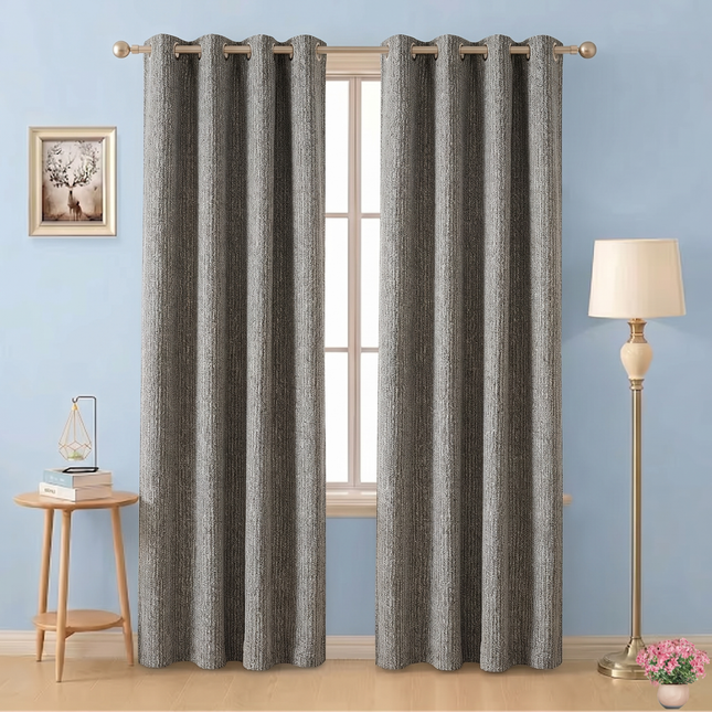 Grey colour textured weave pattern velvet flock readymade curtain