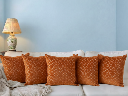 Rust brown colour circular pattern velvet flock readymade cushion cover
