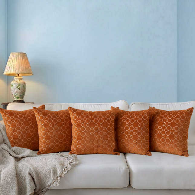 Rust brown colour circular pattern velvet flock readymade cushion cover