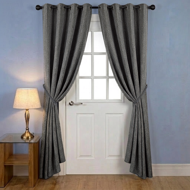 Black colour textured weave pattern velvet flock readymade curtain (Dual side)
