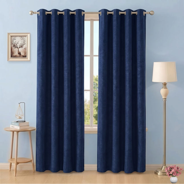 Dark Blue Colour Textured Velvet Flock Readymade Curtain