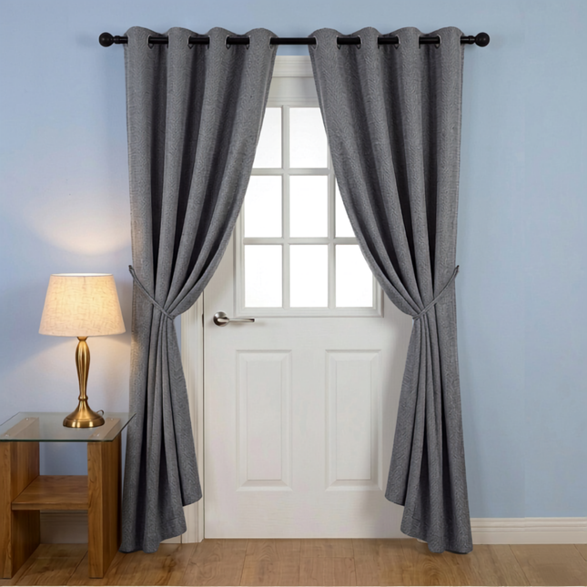 Dark charcoal colour textured weave pattern velvet flock readymade curtain (Dual side)