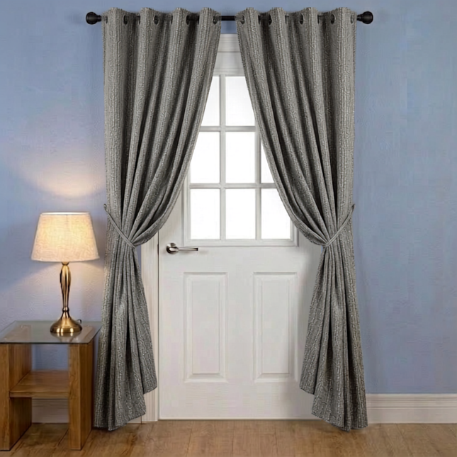 Grey colour textured weave pattern velvet flock readymade curtain (Dual side)