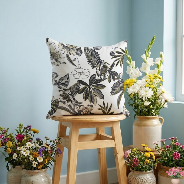 Olive Green and Warm Beige Colour Floral and Leaves Pattern readymade cushion cover