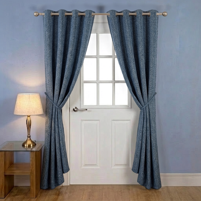 Royal blue colour textured weave pattern velvet flock readymade curtain