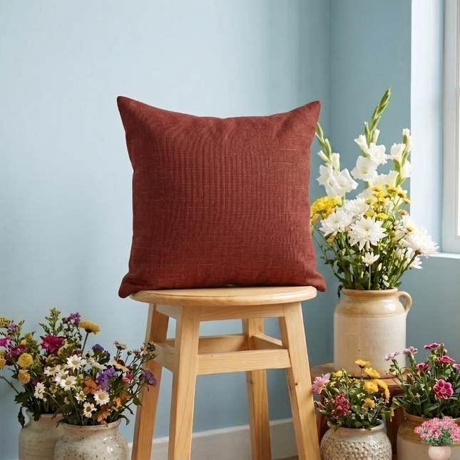 Rust red colour textured plain velvet flock readymade cushion cover