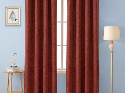 Rust red colour textured plain velvet flock readymade curtain