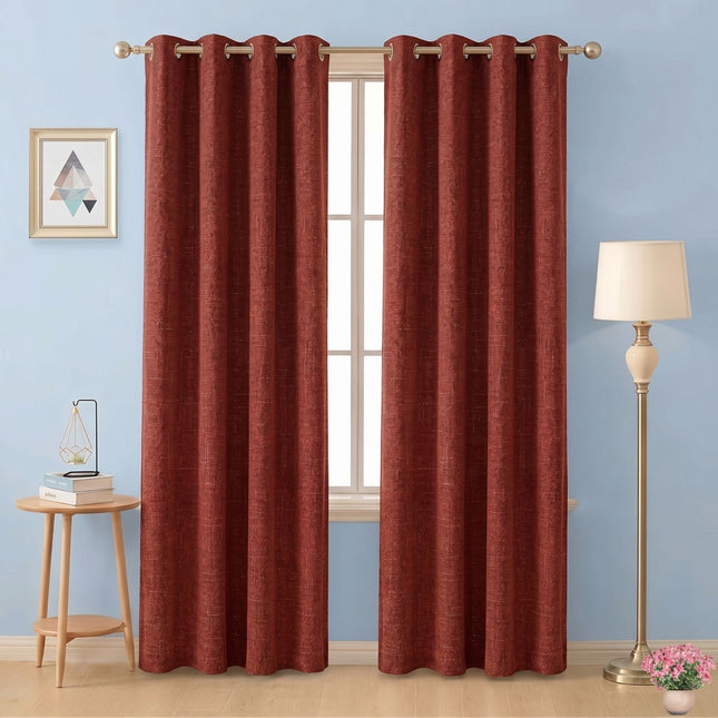 Rust red colour textured plain velvet flock readymade curtain