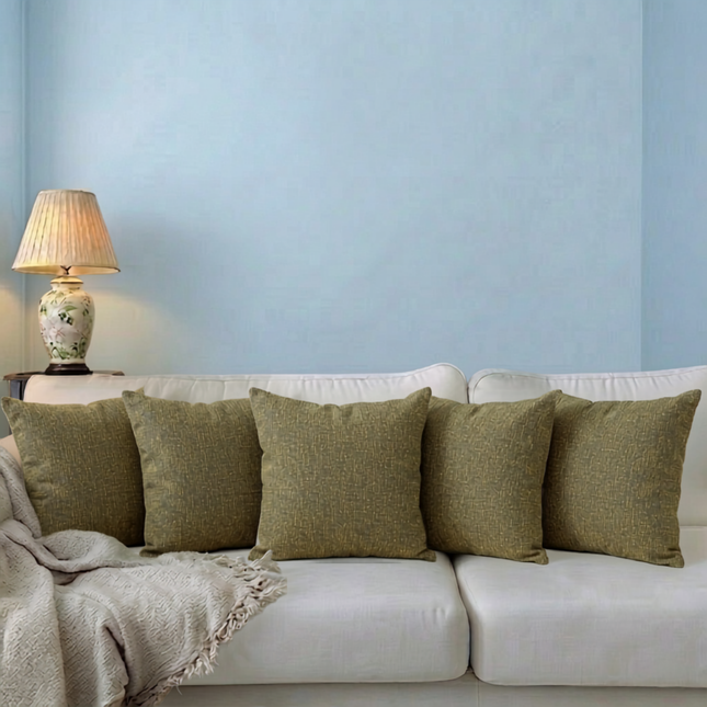 Mustard green colour textured weave pattern velvet flock readymade cushion cover