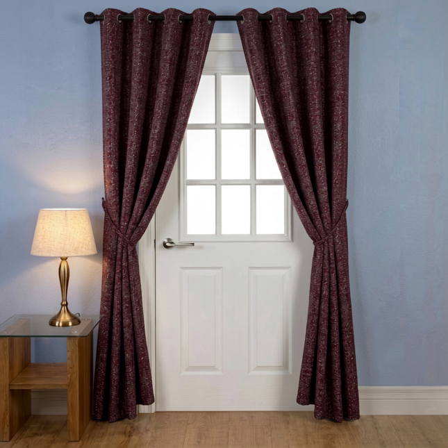 Wine colour textured weave pattern velvet flock readymade curtain (Dual side)