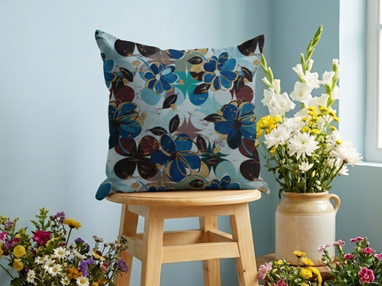 Brown and Blue Colour Floral and Leaves Pattern readymade cushion cover
