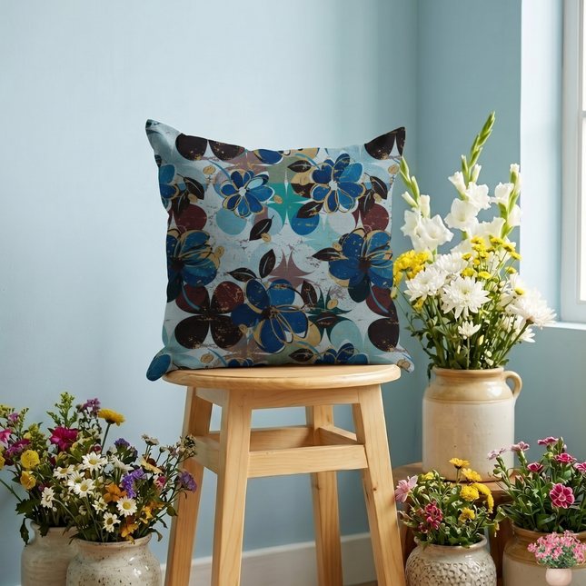 Brown and Blue Colour Floral and Leaves Pattern readymade cushion cover