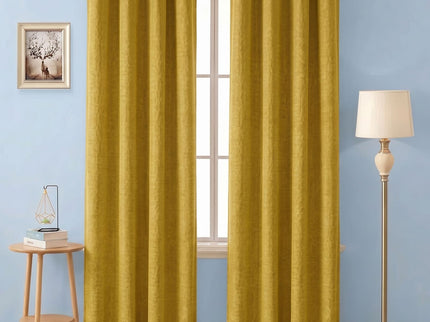 Mustard colour textured plain velvet flock readymade curtain