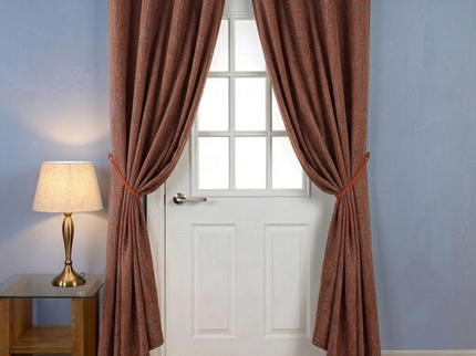 Rust red colour textured weave pattern velvet flock readymade curtain (Dual side)