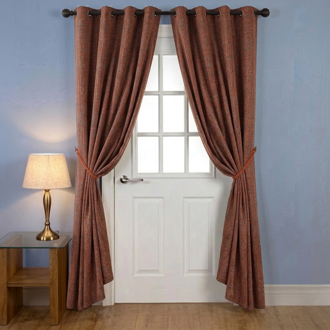Rust red colour textured weave pattern velvet flock readymade curtain (Dual side)