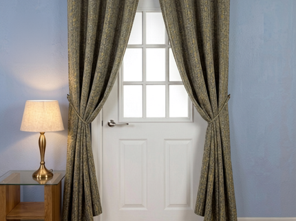 Mustard green colour textured weave pattern velvet flock readymade curtain (Dual side)