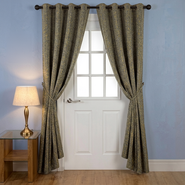 Mustard green colour textured weave pattern velvet flock readymade curtain (Dual side)