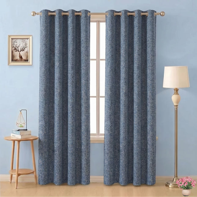 Royal blue colour textured weave pattern velvet flock readymade curtain