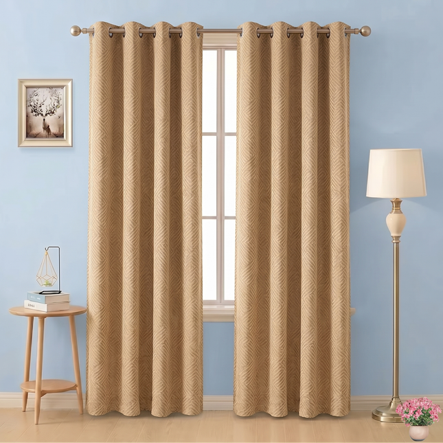 Mustard gold colour textured velvet flock geometric pattern readymade curtain