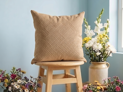 Mustard gold colour textured velvet flock geometric pattern readymade cushion cover