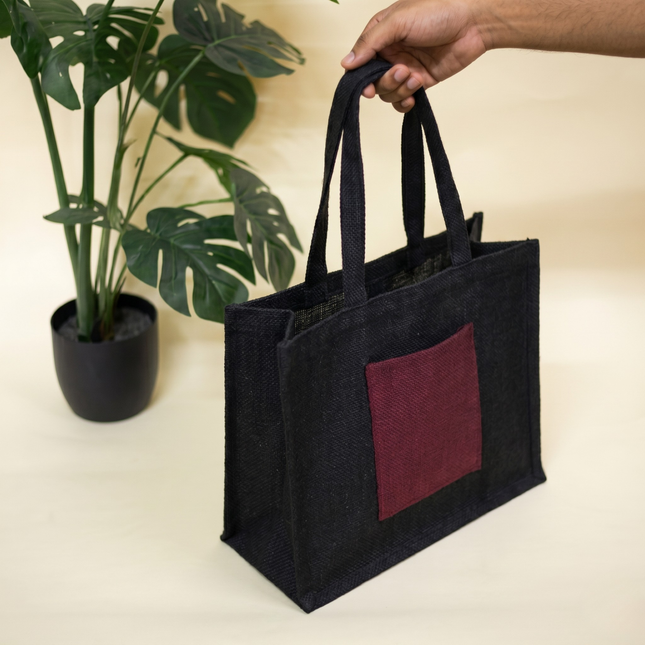 Unisex Black Jute Fabric Structured Tote Bag with Front Pocket