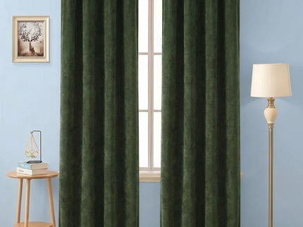 Olive Green Colour Textured Velvet Flock Readymade Curtain