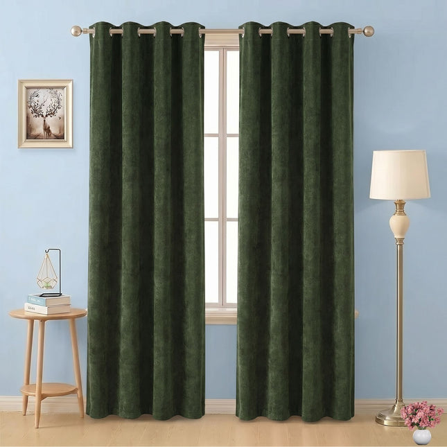 Olive Green Colour Textured Velvet Flock Readymade Curtain