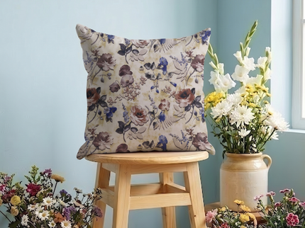 Dusty Rose and Blue Colour Floral and Leaves Pattern readymade cushion cover