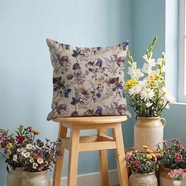 Dusty Rose and Blue Colour Floral and Leaves Pattern readymade cushion cover