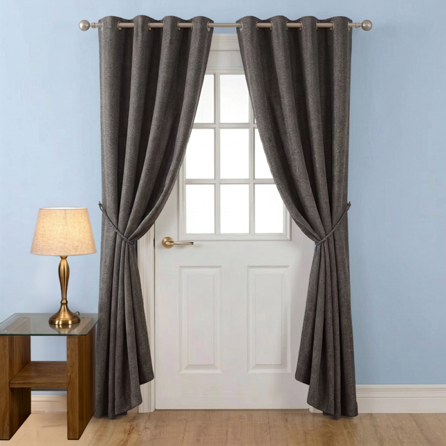 Dark brown colour textured weave pattern velvet flock readymade curtain (Dual side)