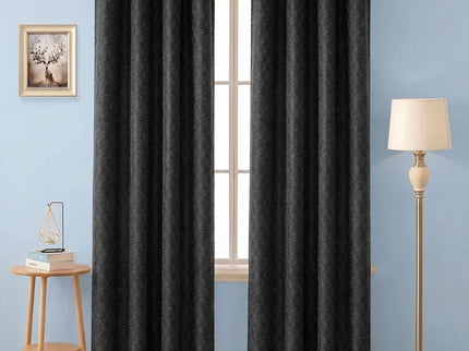 Charcoal black colour geometric floral pattern velvet flock readymade curtain