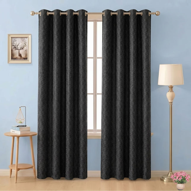 Charcoal black colour geometric floral pattern velvet flock readymade curtain